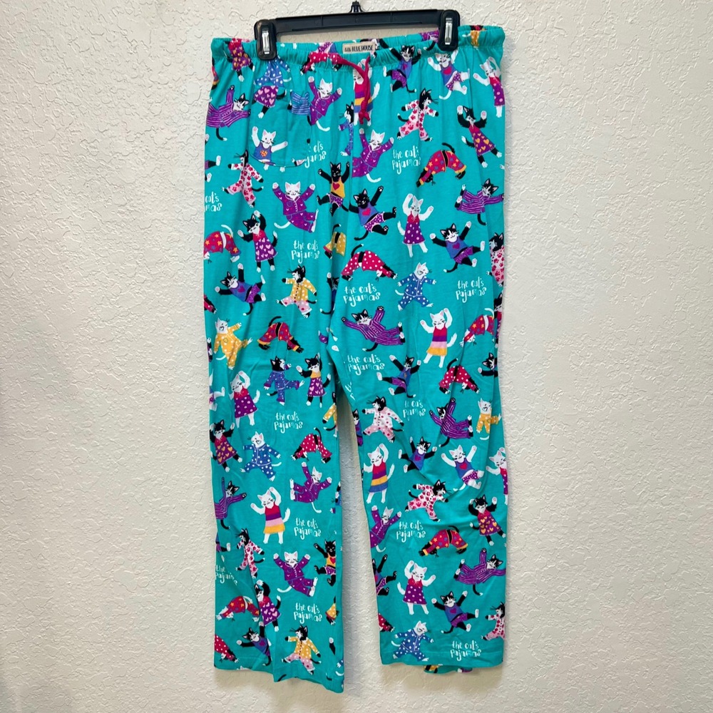 Little Blue House Teal The Cats Pajamas Print Cotton Sleep Pants XL Cat Lady